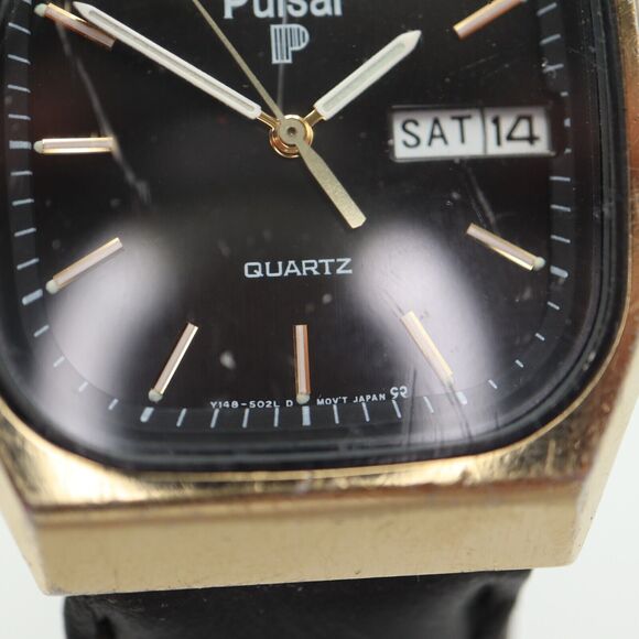Vintage Pulsar Gold Tone Tank Watch 33mm Day Date Black Leather w New Battery main image 10